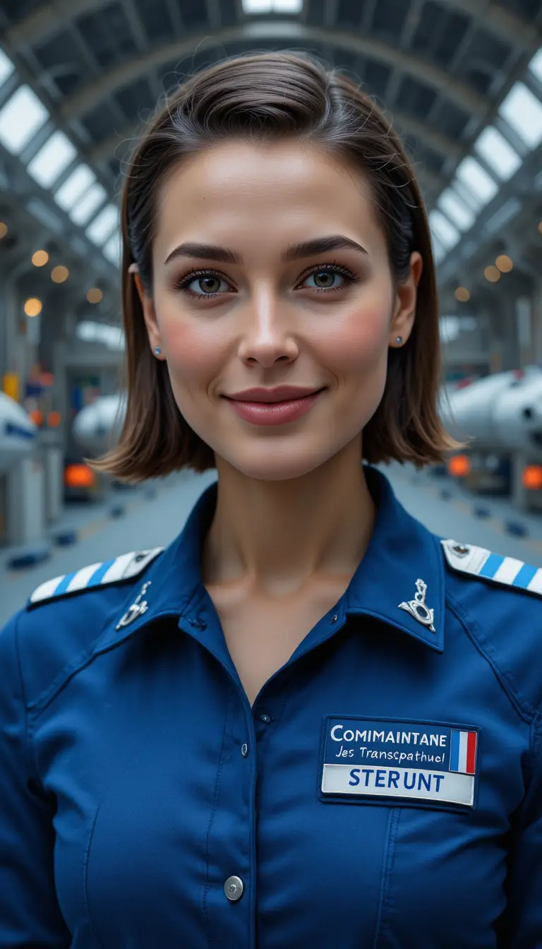 Comandante spaziale donna sorridente in uniforme blu in un hangar