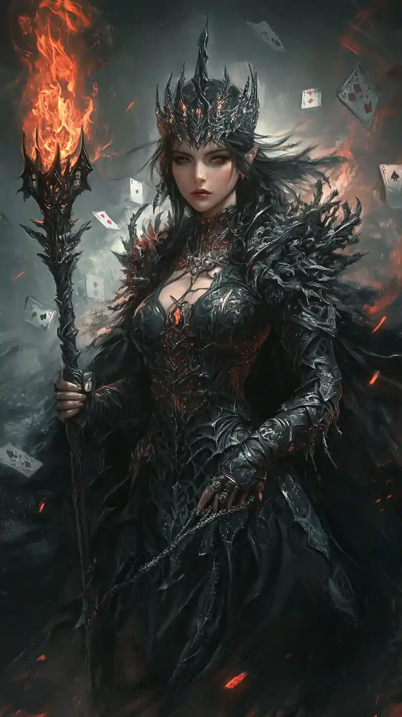 Dark fantasy queen with spiked staff before club card