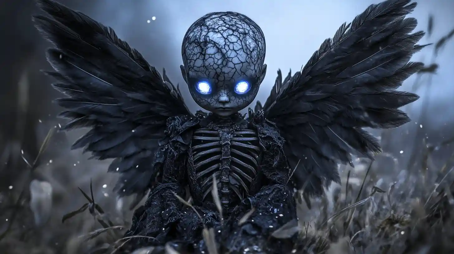 Gothic angel doll with cracked porcelain skin and halo