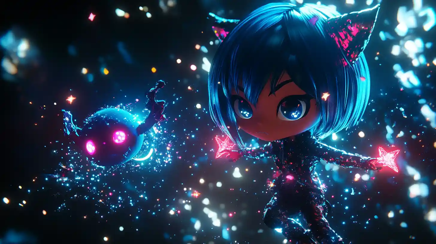 Chibi demon girl summoning neon stars in cosmic space