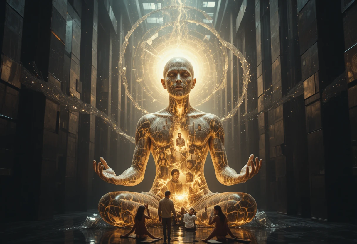 Man of liquid light in zen against a cosmic maze