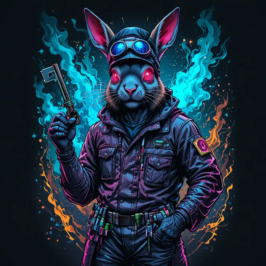 Cyberpunk-Hasenmechaniker mit Neon-Schlüsseln und Werkzeugen