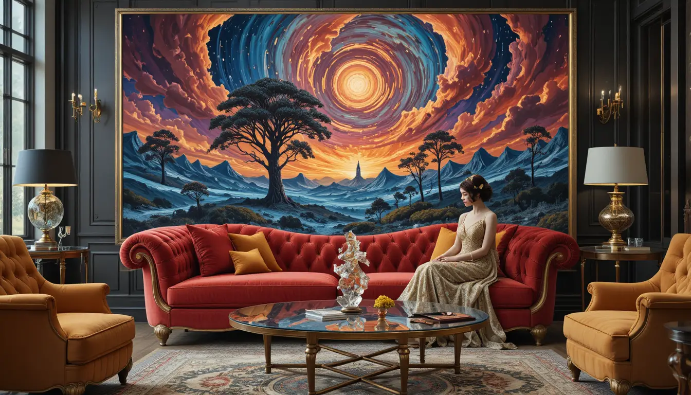 Surreal red velvet sofa before swirling cosmic painting