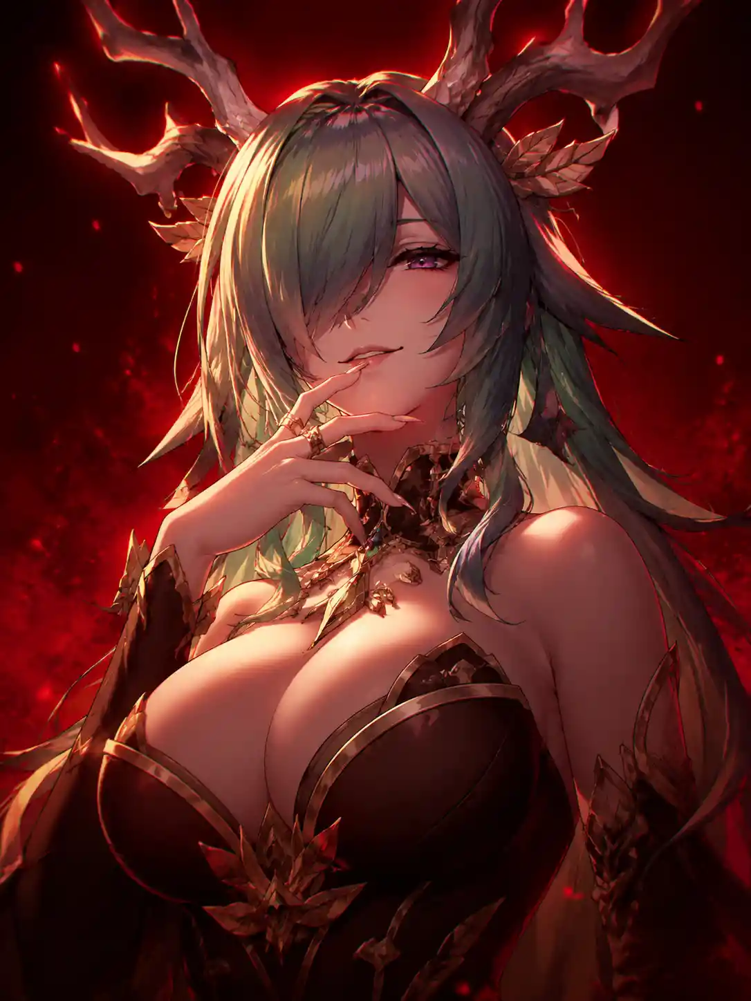 Sinister anime woman with antlers against crimson background