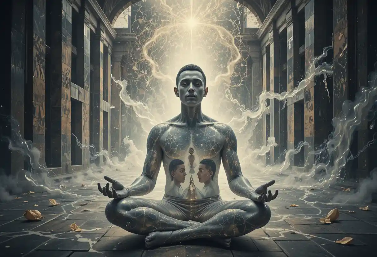 Cinematic portrait of a man in peaceful zen reflection