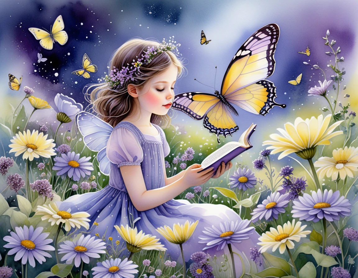 Colorful butterflies among yellow and purple garden blooms