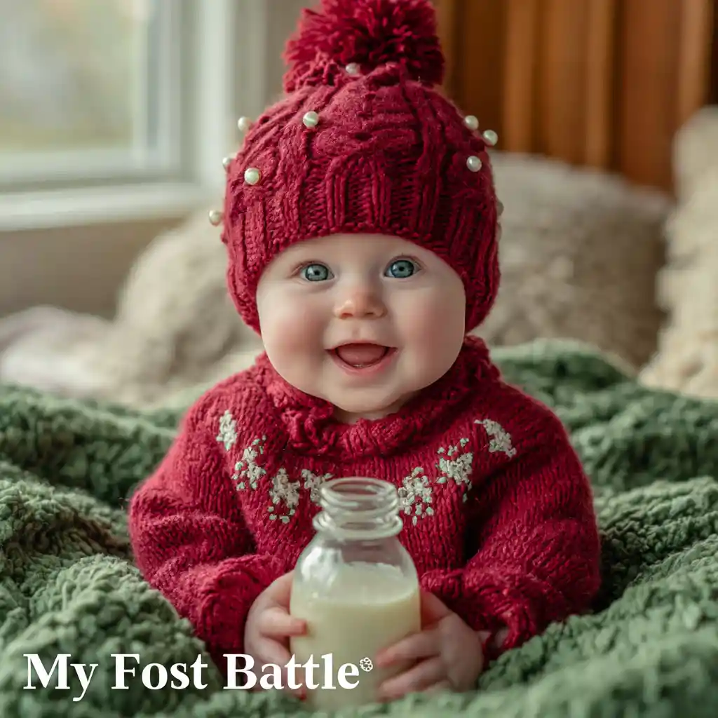 Joyful baby with first bottle in a cozy nursery