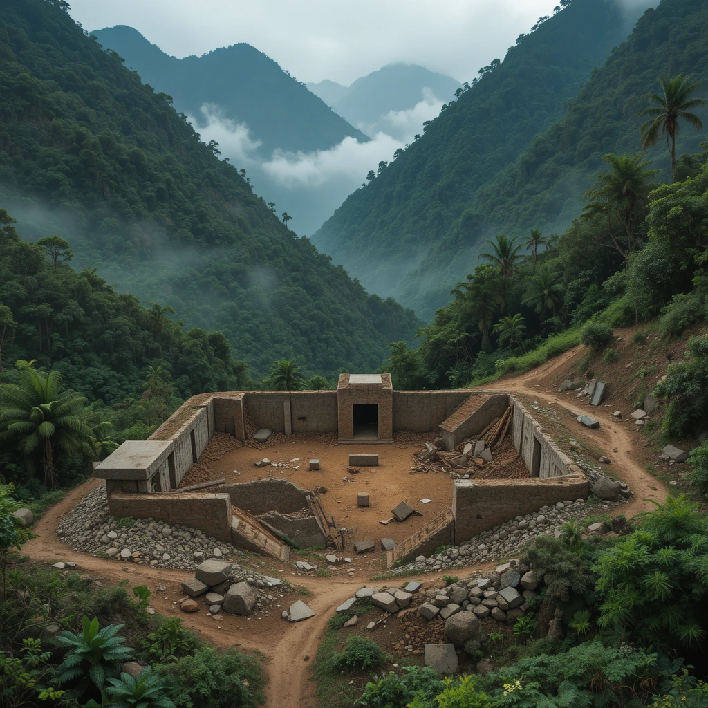 Misty tropical mountain valley with jungle and dirt site