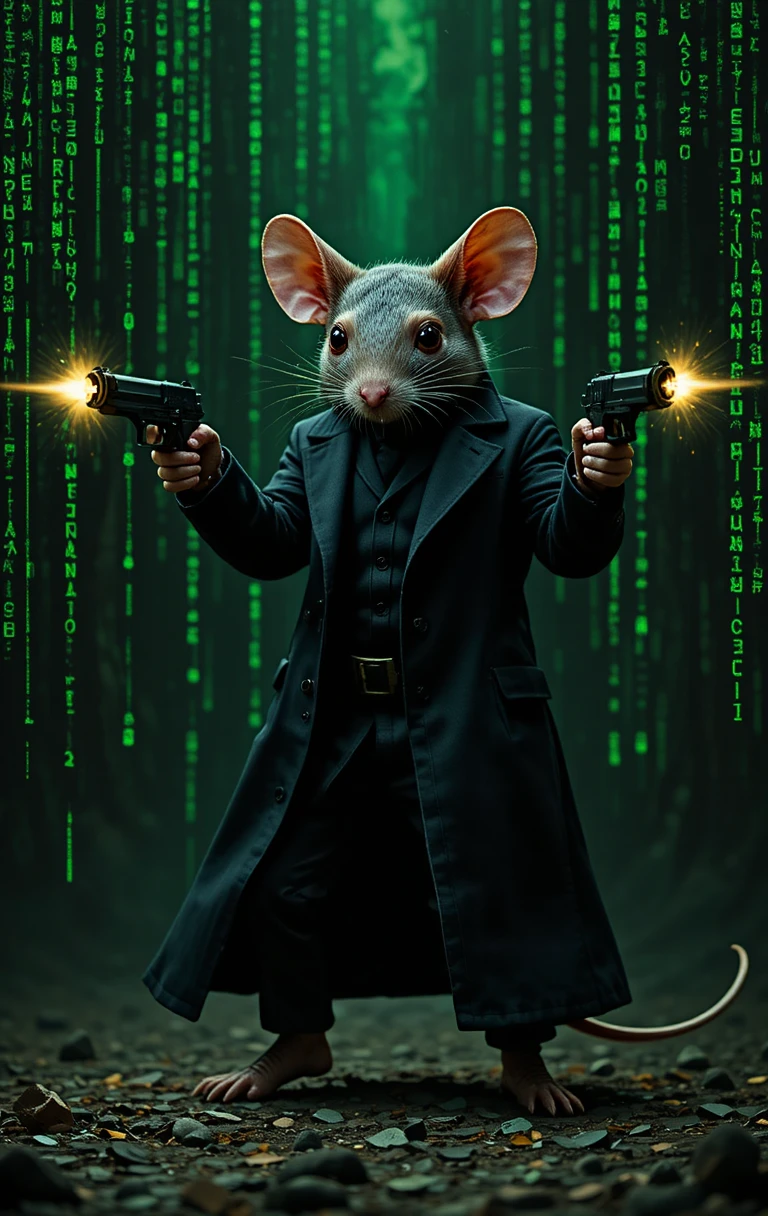 Mouse hero in black trench coat firing two guns