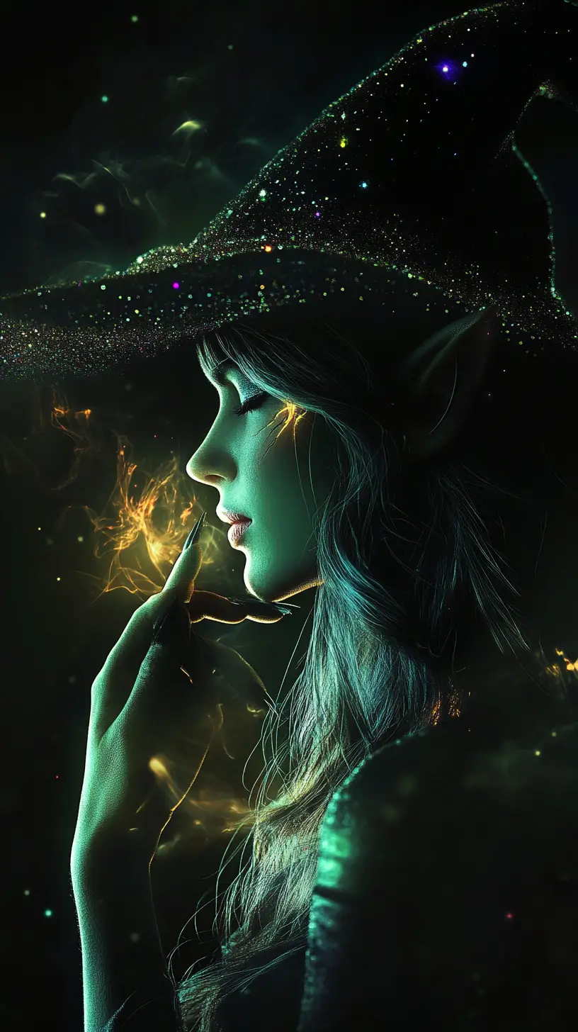 Elegant elven sorceress in profile with glowing arcane runes