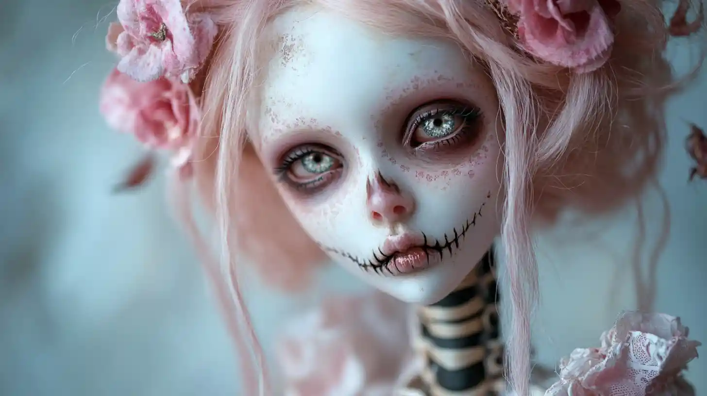 Porcelain doll girl with cracked skin and glowing eerie eyes