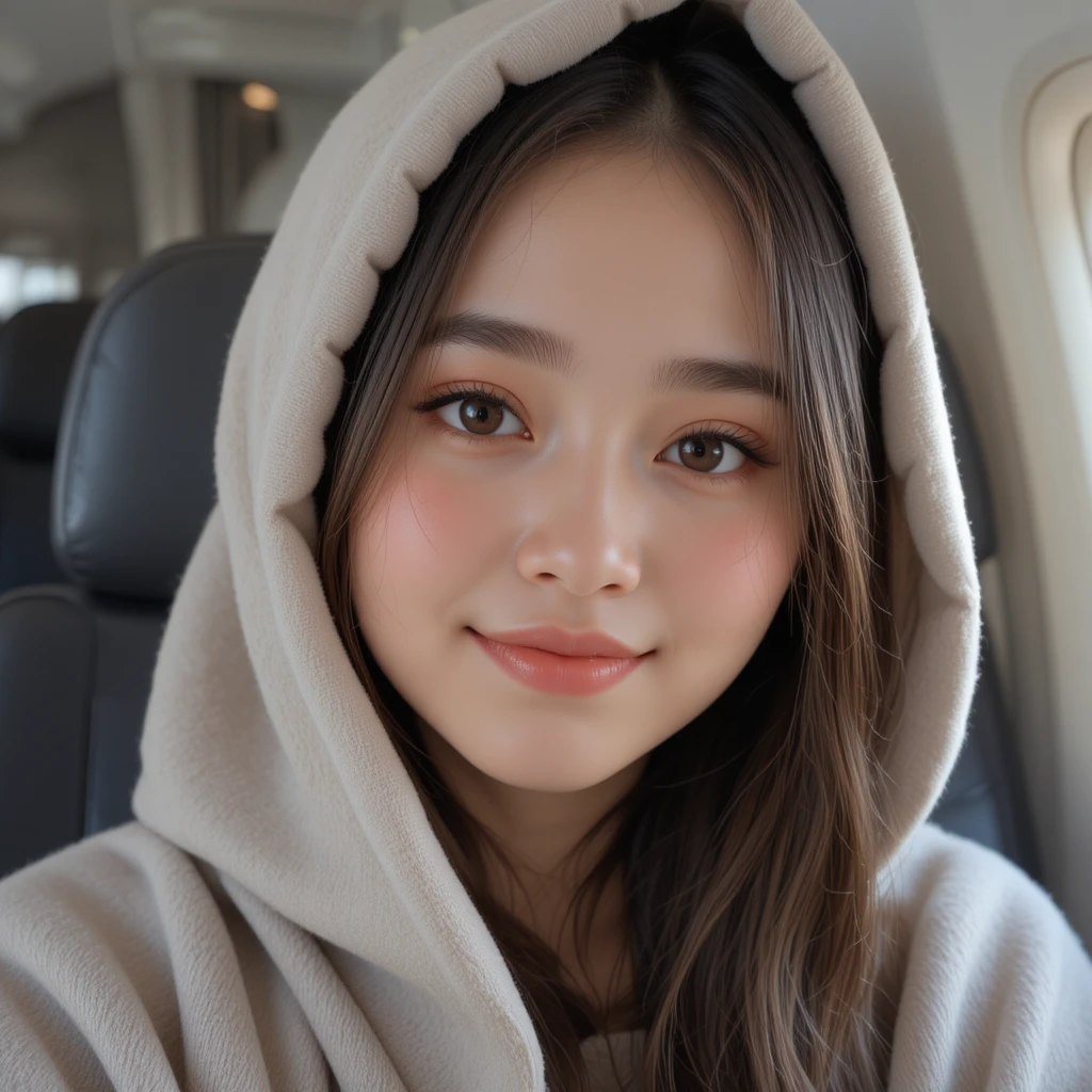 Girl in beige hood sitting by airplane window seat