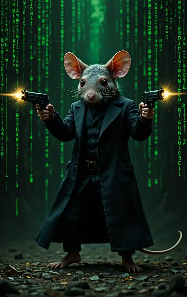 Mouse hero in black trench coat firing two guns