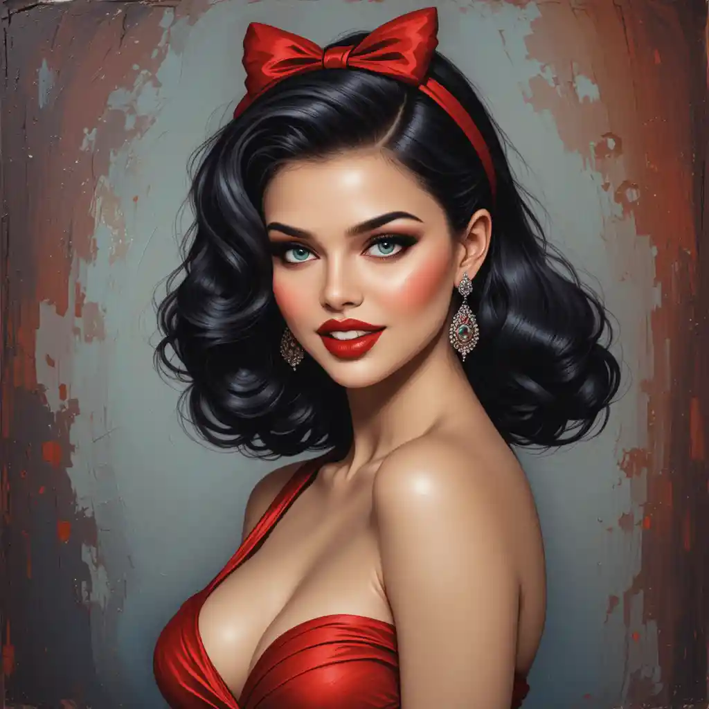 Smiling woman in red dress with vintage pin up hairstyle