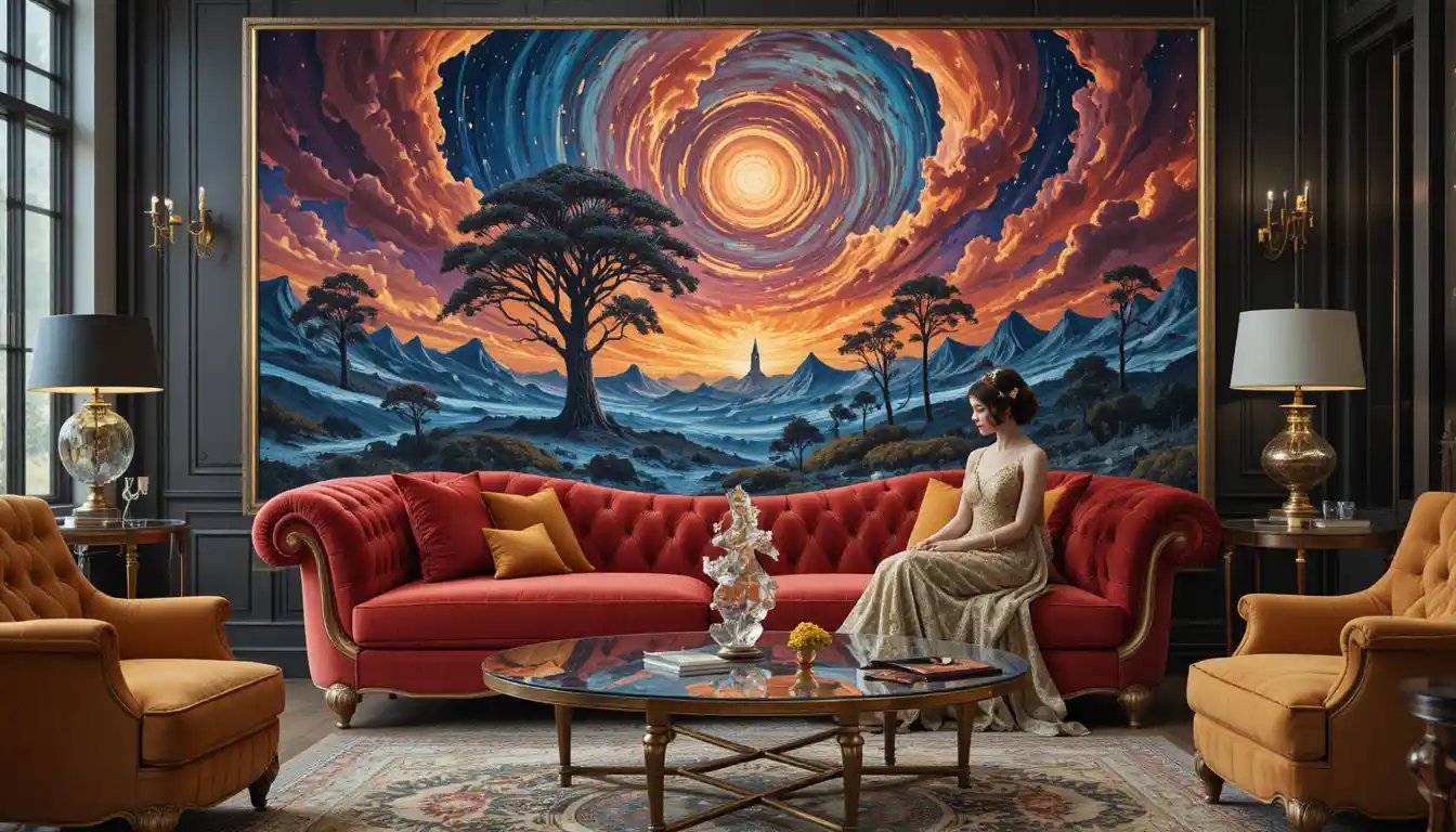 Surreal red velvet sofa before swirling cosmic painting