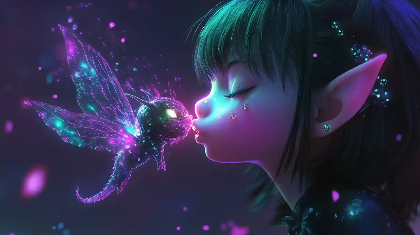 Chibi demon girl blowing a glowing toxic magical kiss