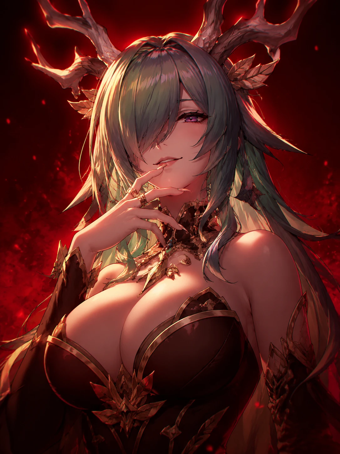 Sinister anime woman with antlers against crimson background