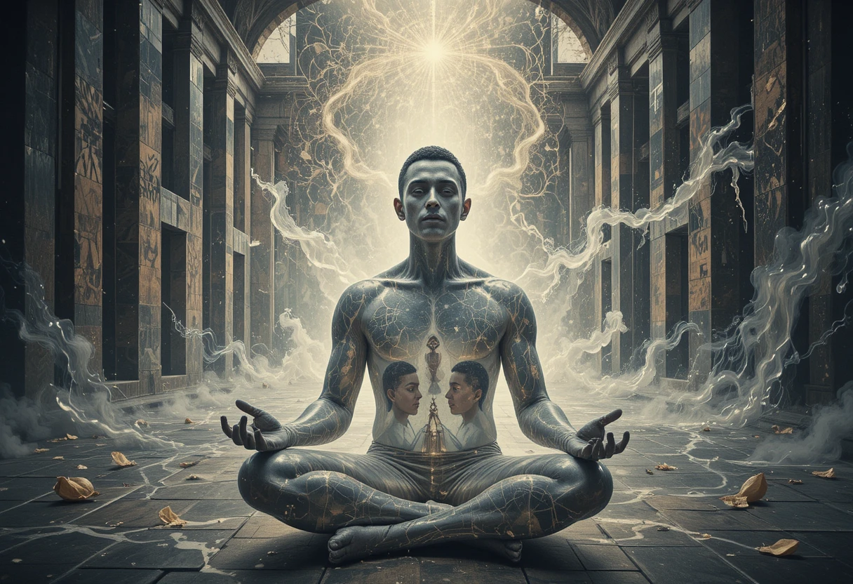 Cinematic portrait of a man in peaceful zen reflection