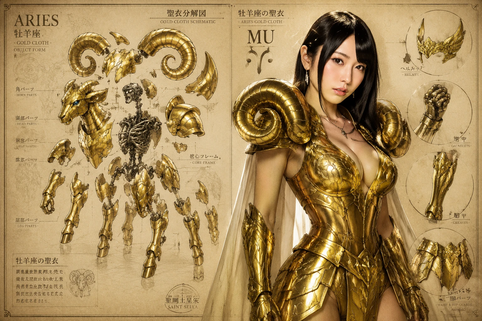 Female Aries warrior in golden armor technical schematic
