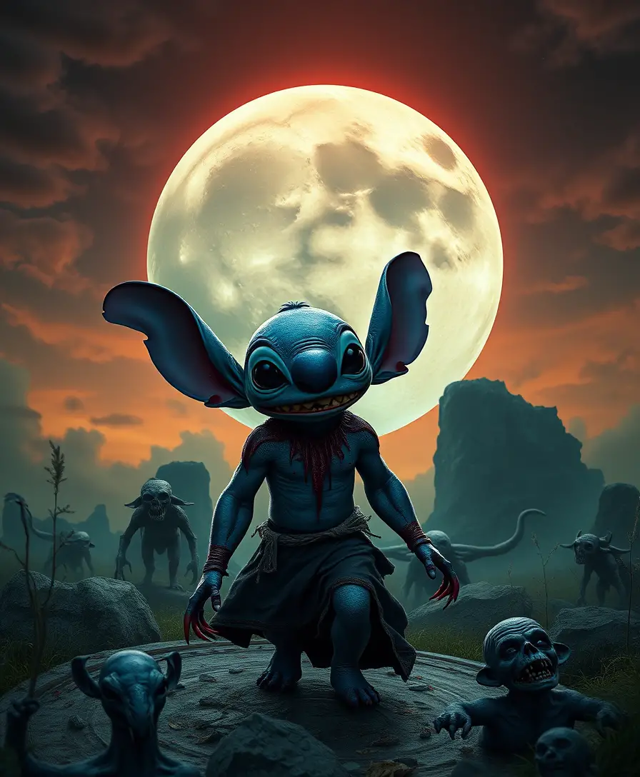 Surreal woman fleeing beneath a haunting two faced moon