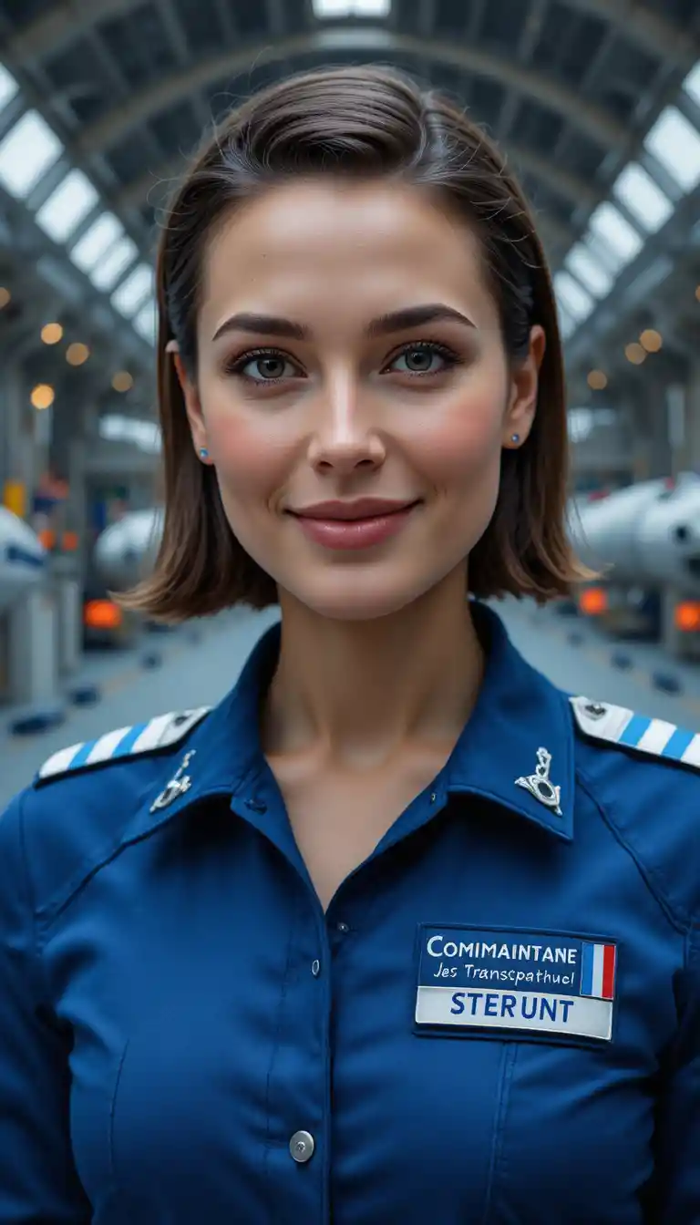 Smiling female space commander in blue uniform in hangar
