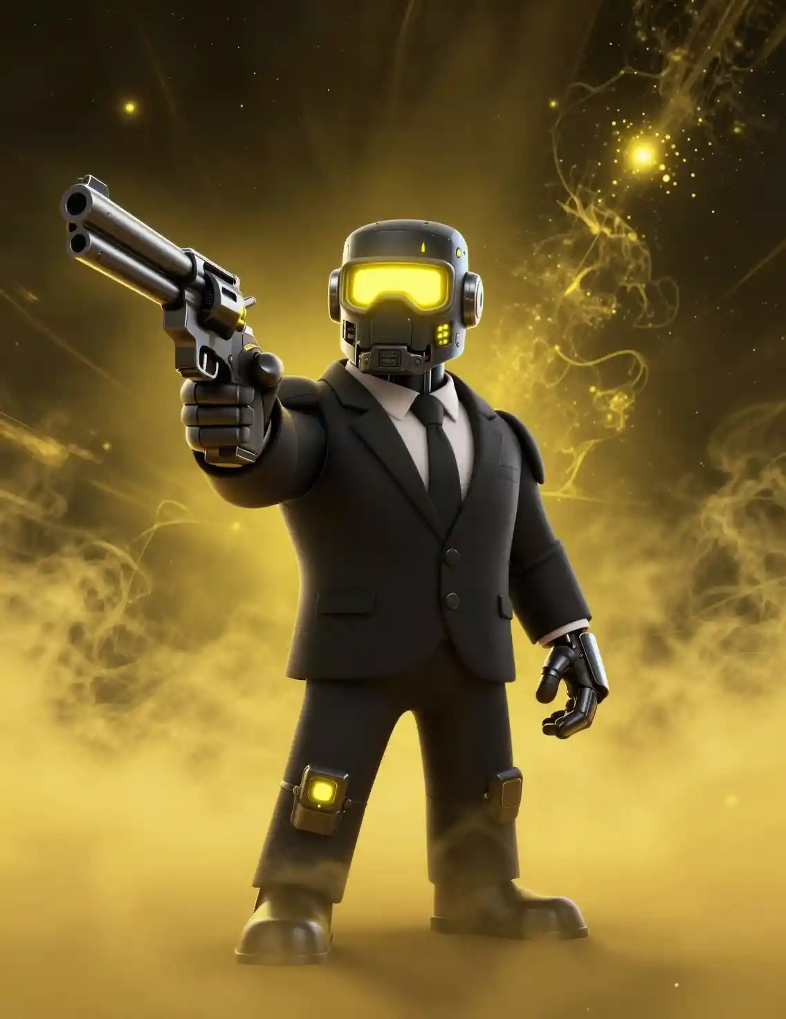 Cartoon spy in neon mask with revolver in cosmic void