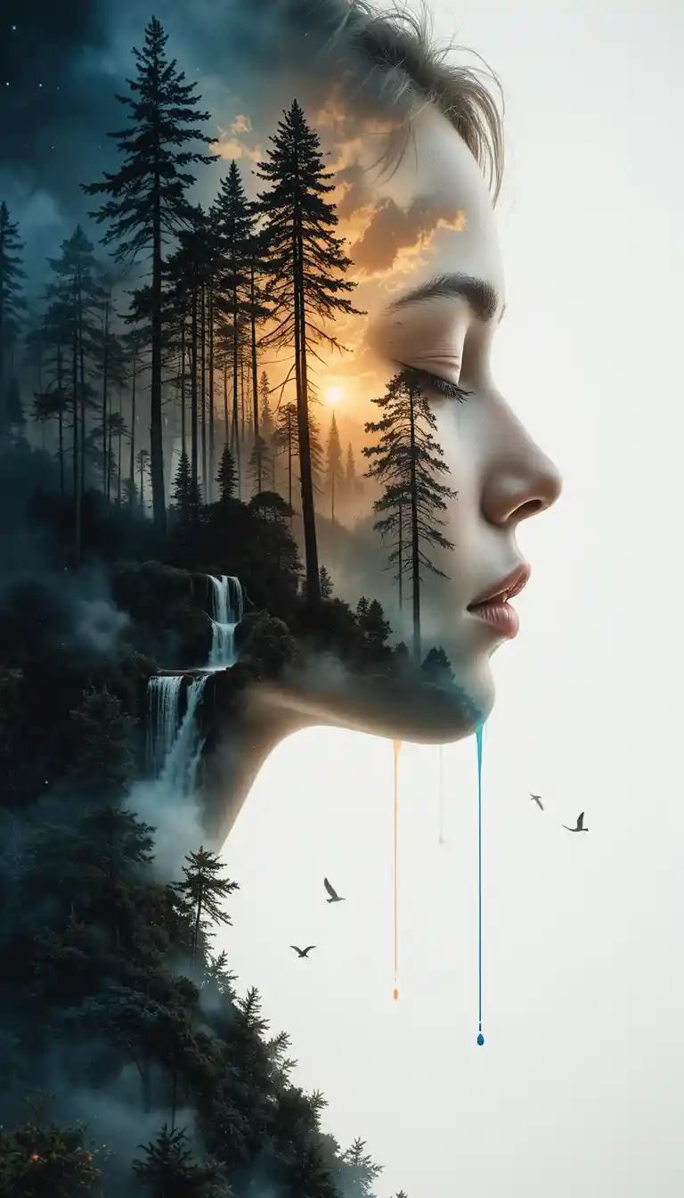 Double exposure portrait of woman with mystical forest