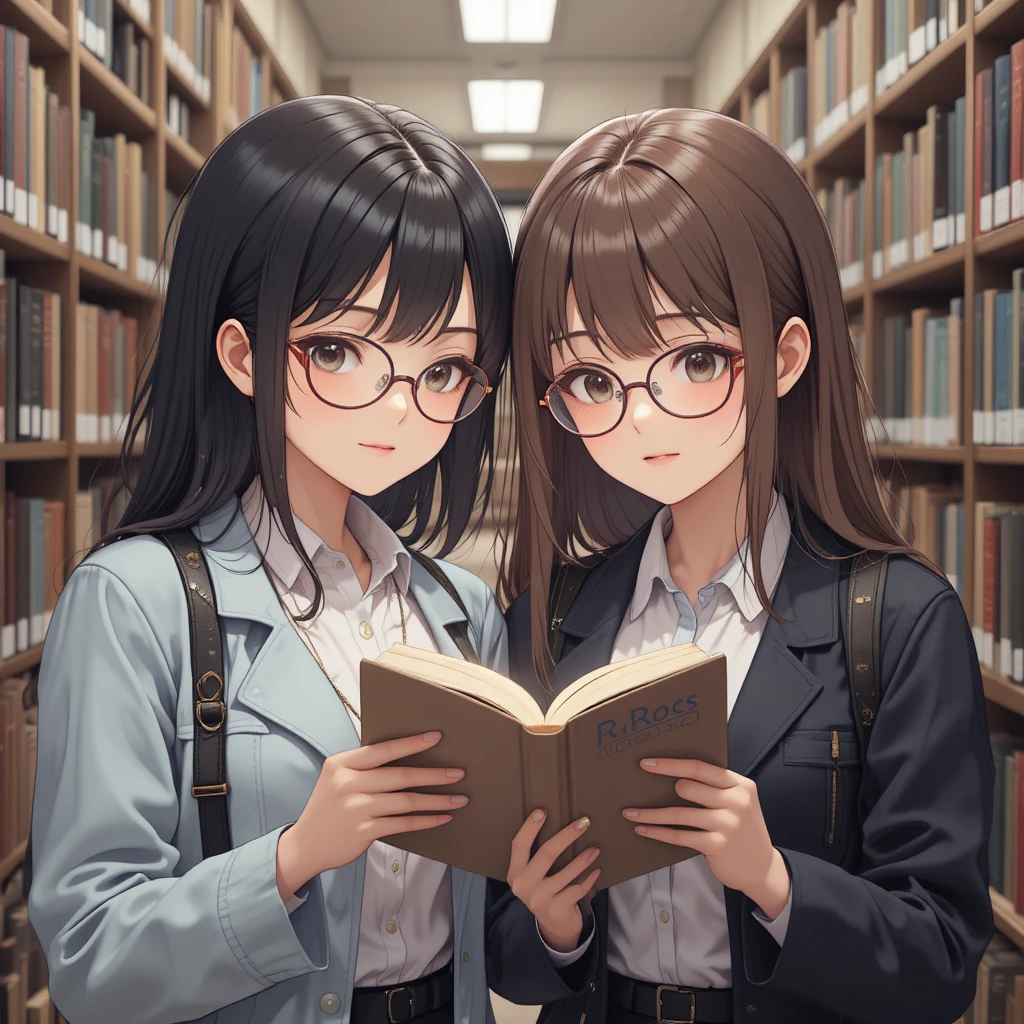Cute anime couple reading together in a cozy library