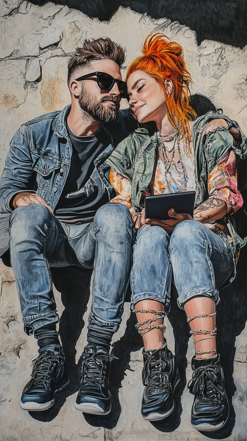 Tender couple on stone steps in colored pencil drawing