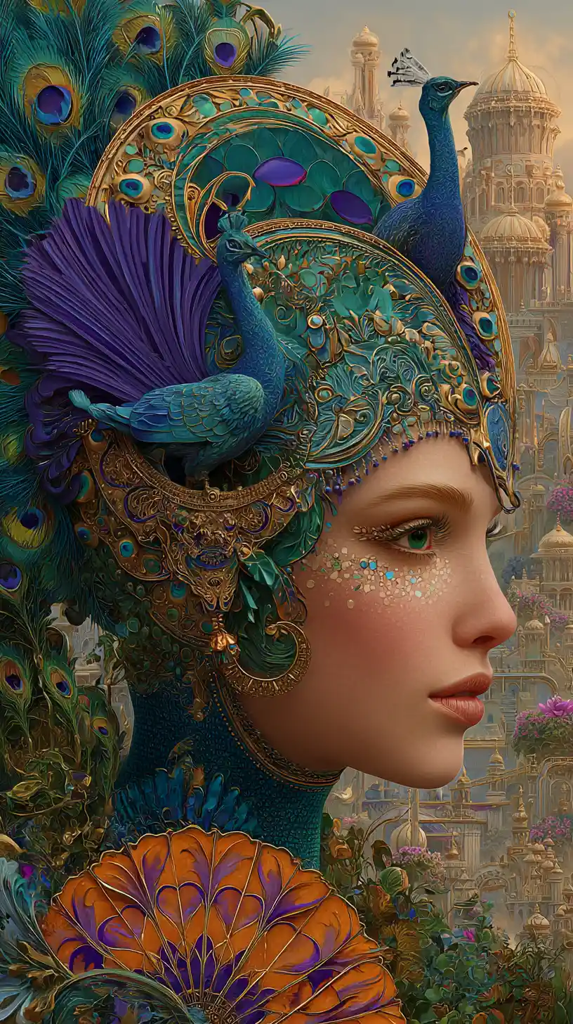 Ornate fantasy woman in jeweled peacock headdress profile