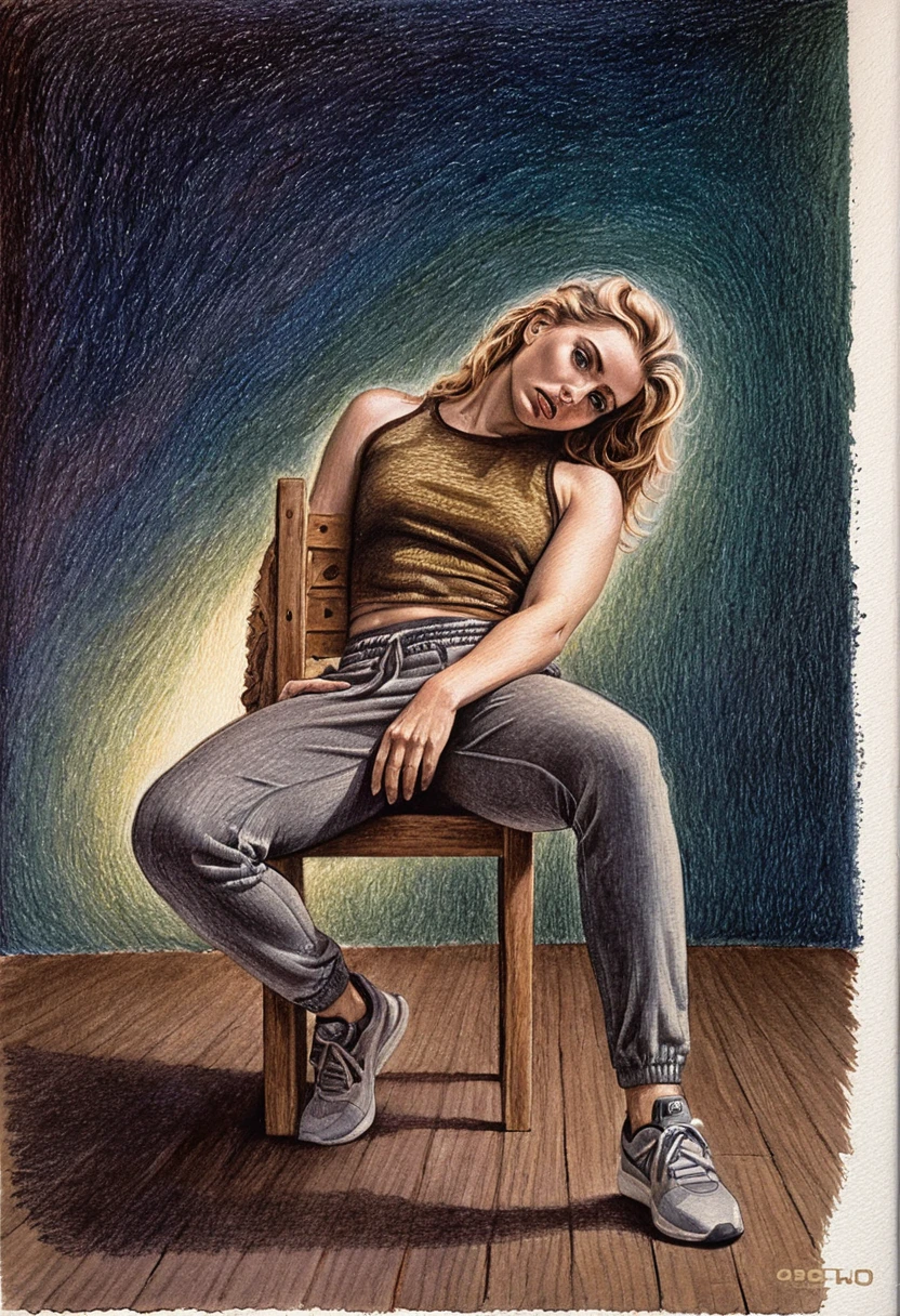 Seated Woman In Spotlight On Wooden Chair Drawing