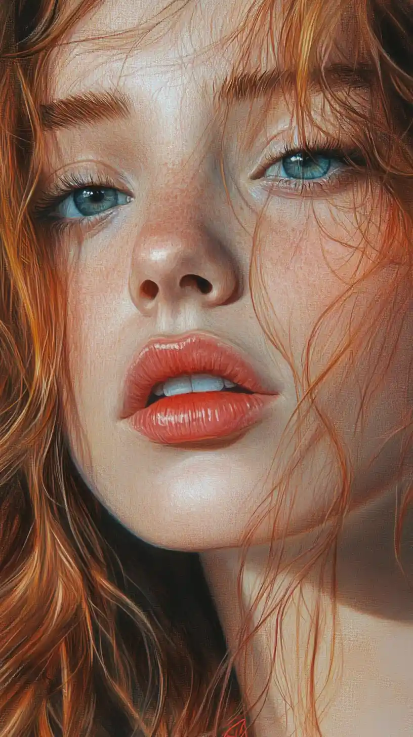 Color pencil portrait of a freckled girl with green eyes