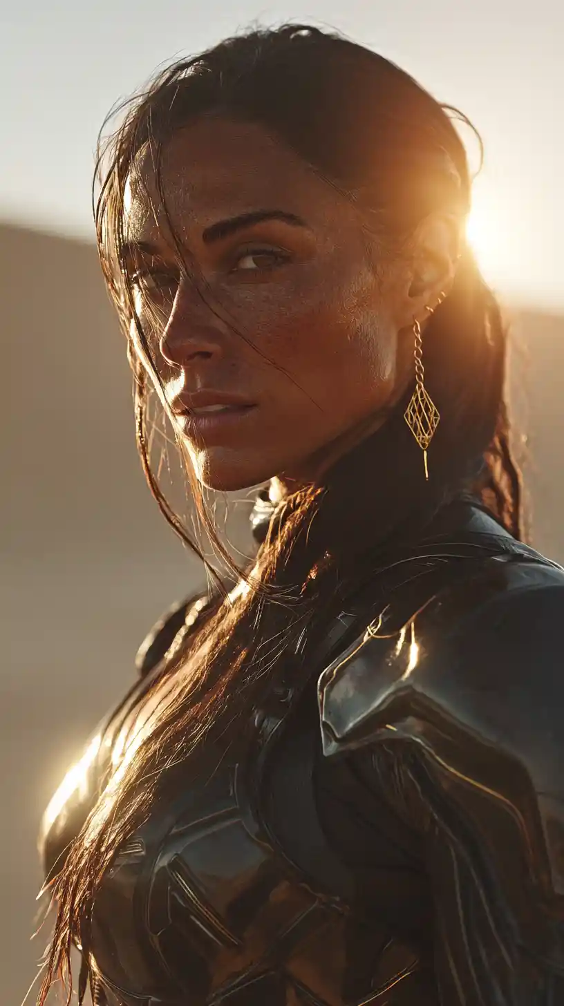 Strong middle eastern female bodybuilder in sunset desert portrait