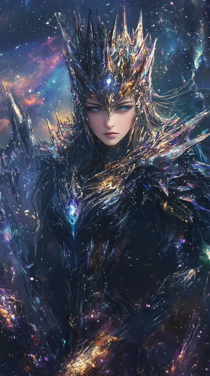 Celestial armored goddess commanding crystalline starships in space