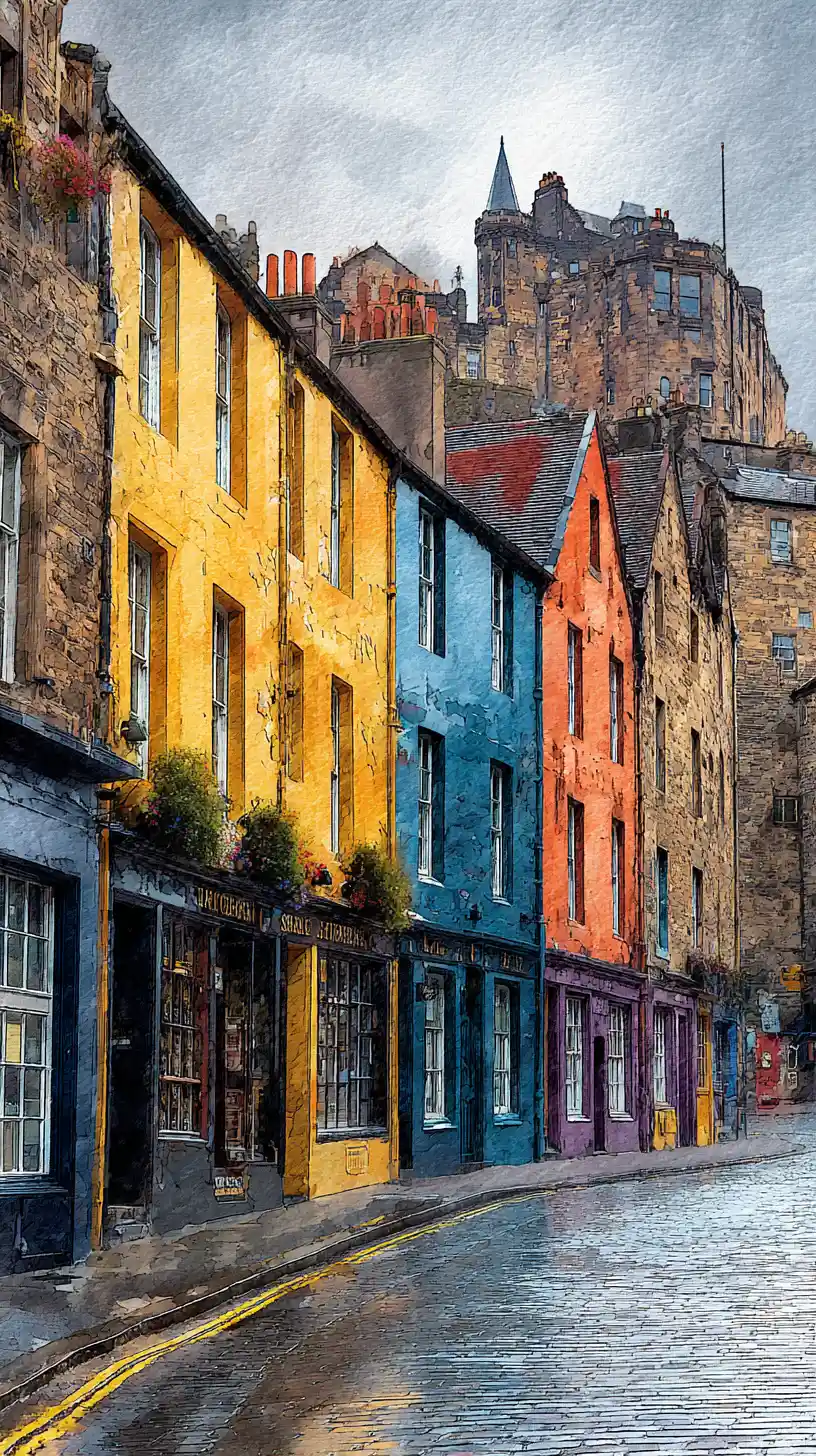 Historic watercolor view of Edinburgh old town and castle