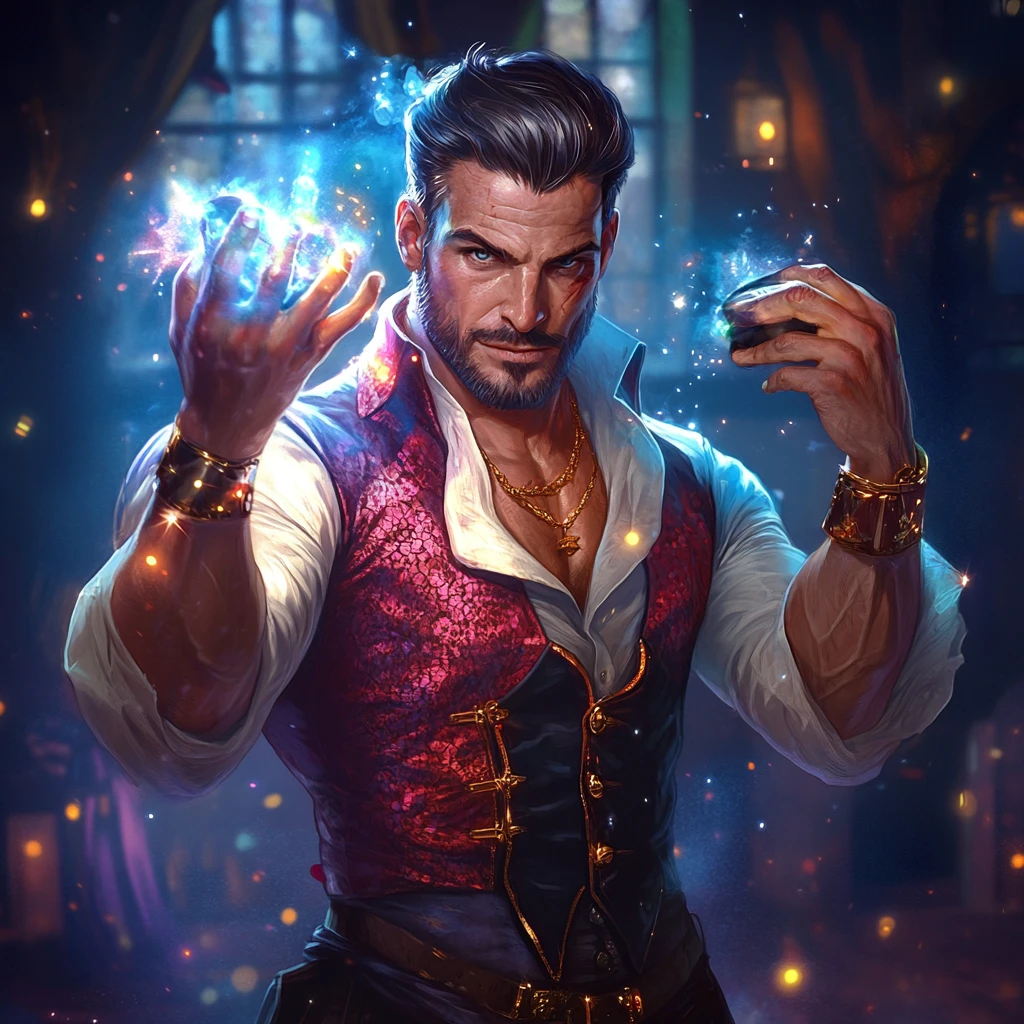 Handsome stage magician performing a dramatic magic act