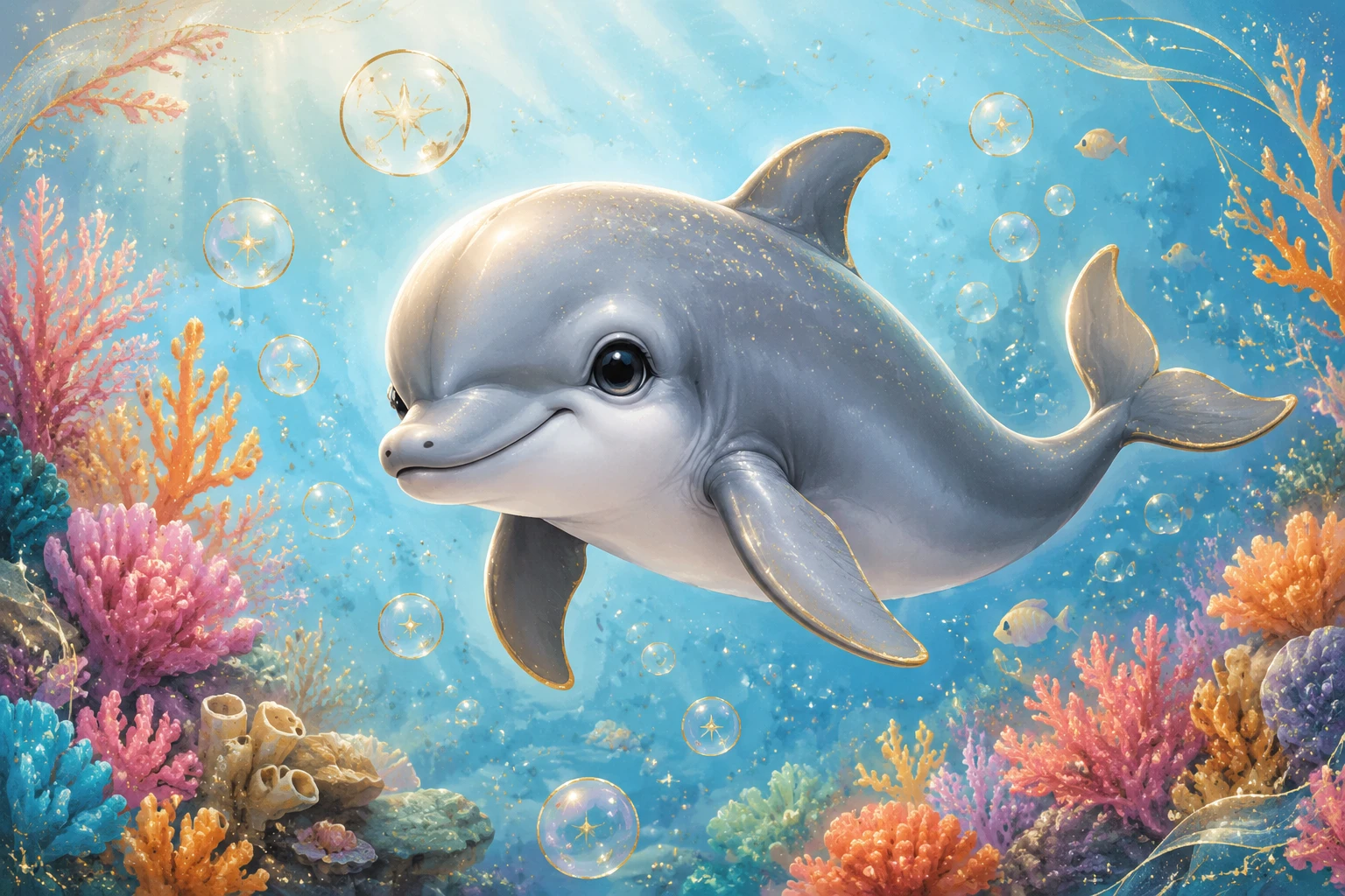 Cute baby dolphin illustration in a bright coral reef
