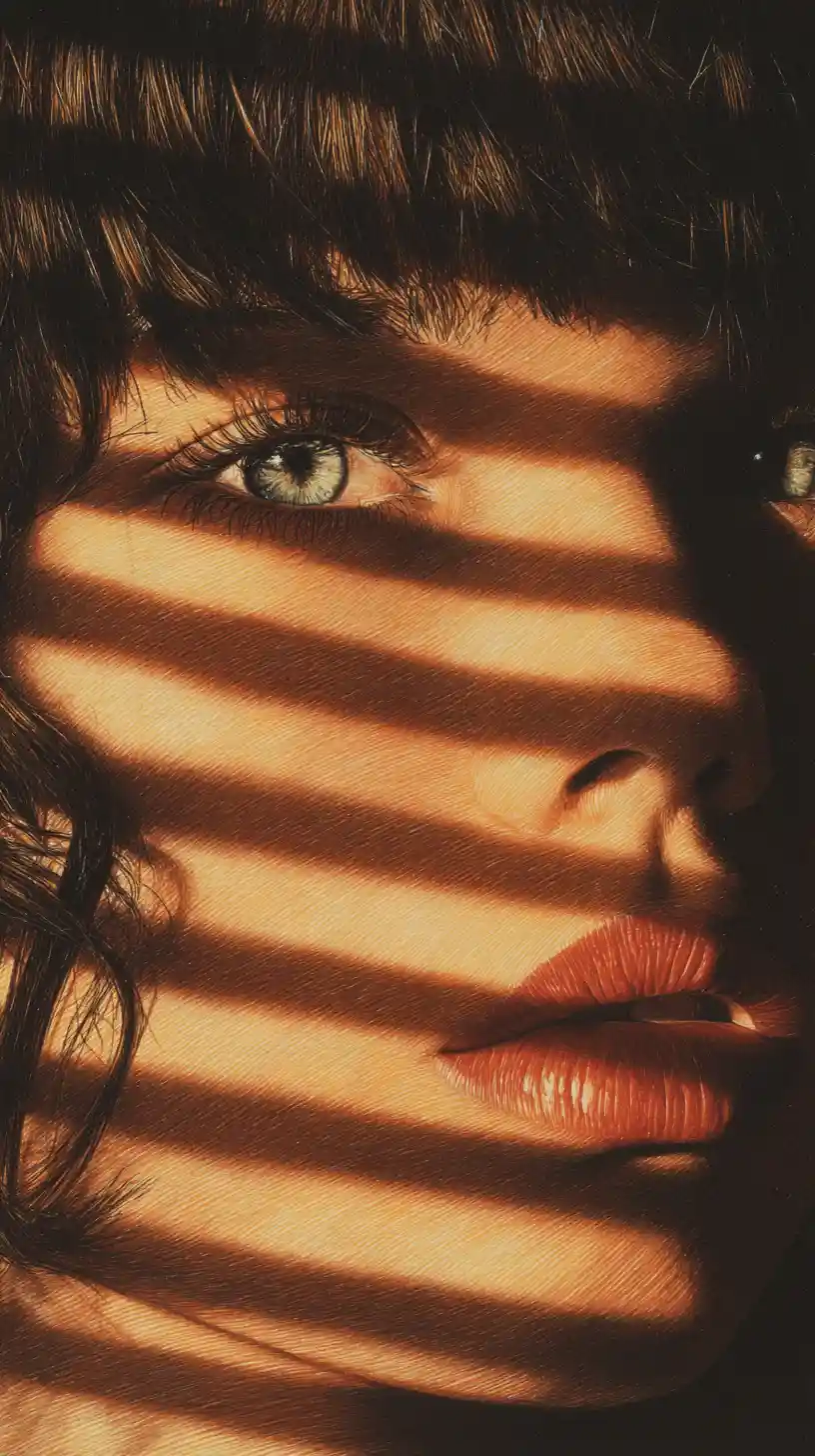 Extreme close up portrait of a girl in window shadows