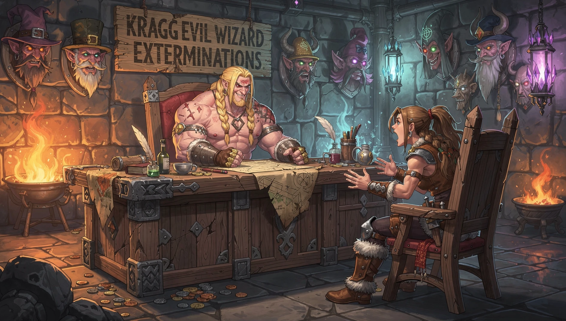 Muscular barbarian at a fantasy office desk with client