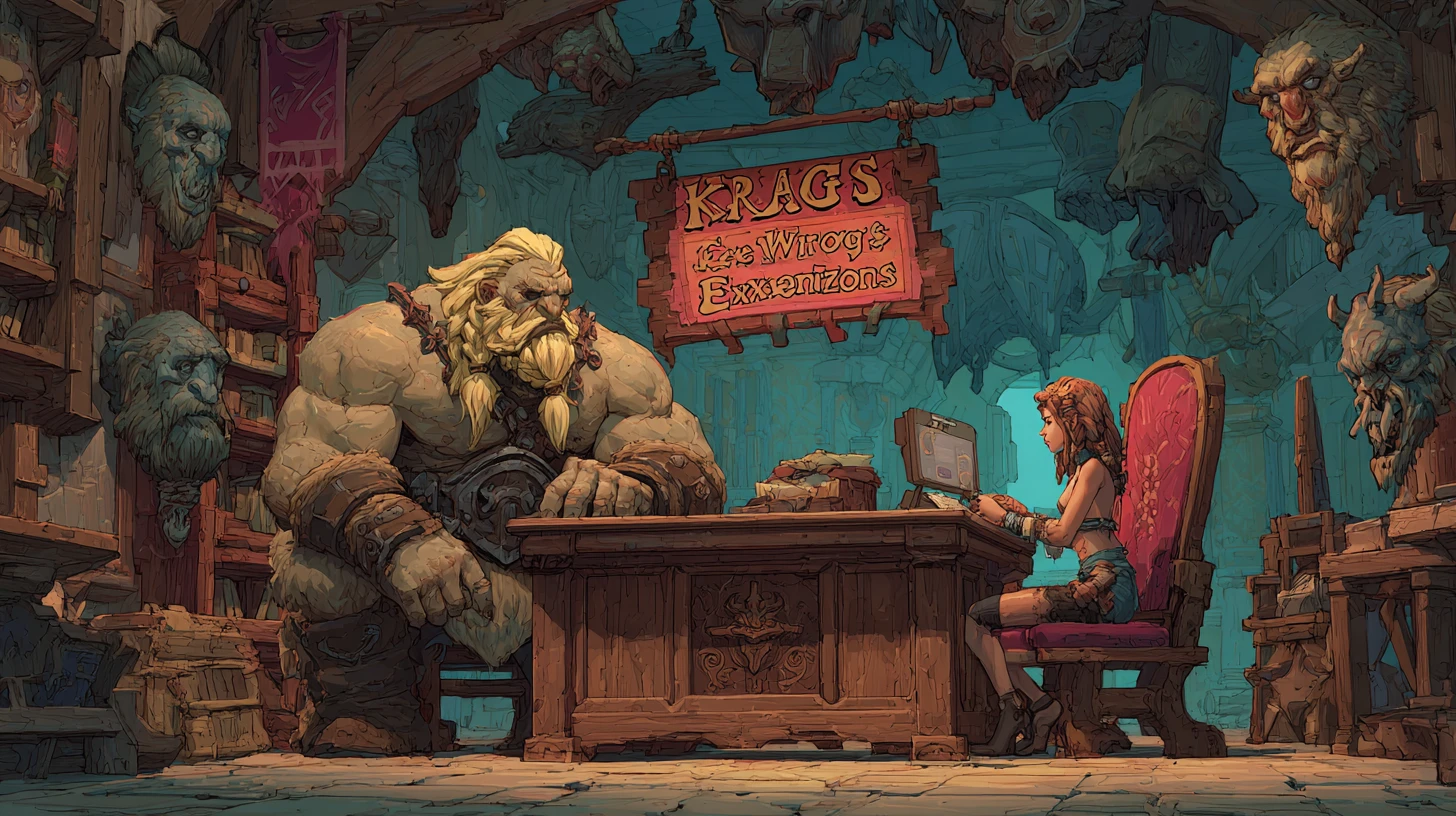 Muscular barbarian at a fantasy desk with warrior client