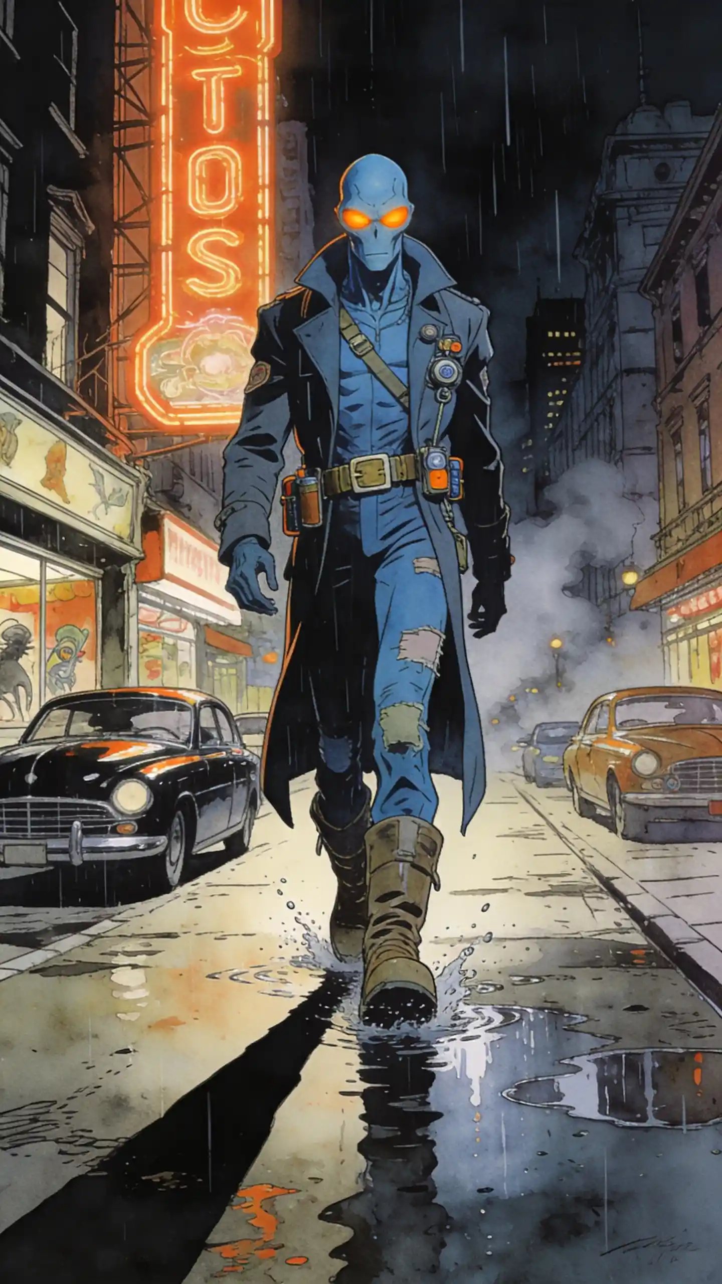 Alien bounty hunter walking through neon noir city street