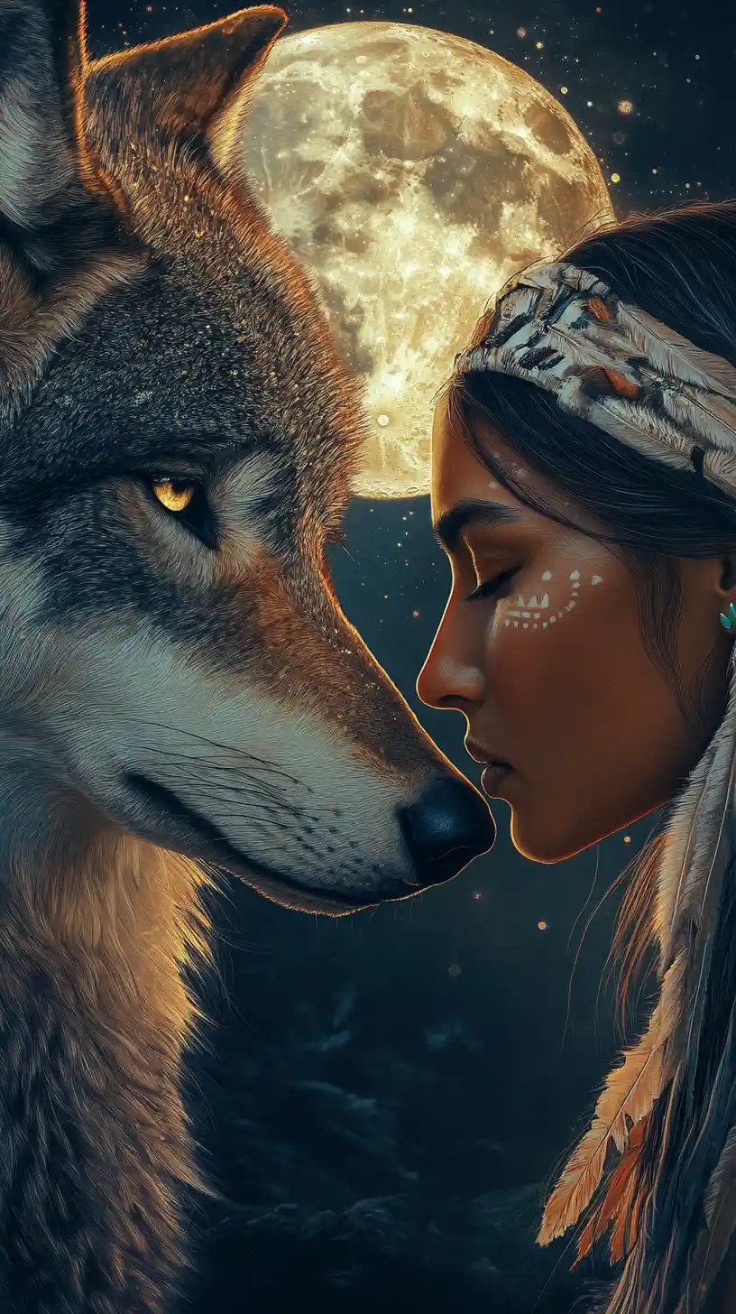 Fantasy woman and wolf touching foreheads under moonlight