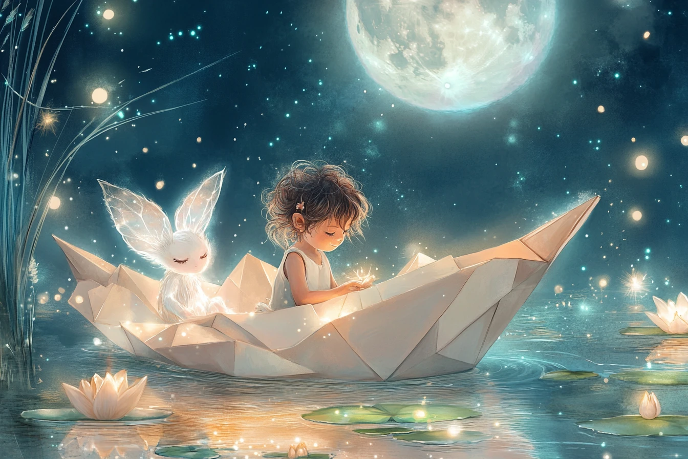 Child sailing a glowing origami boat on a moonlit pond