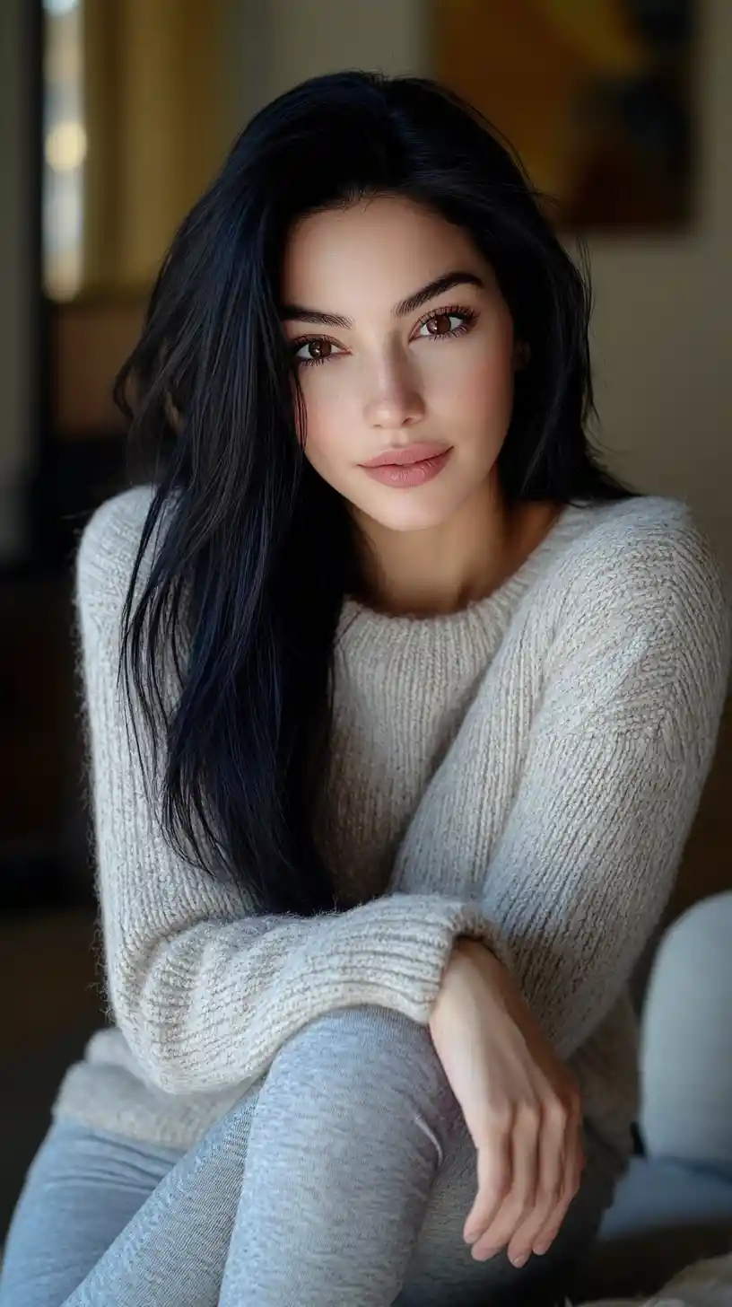 Young woman posing in a cozy living room interior