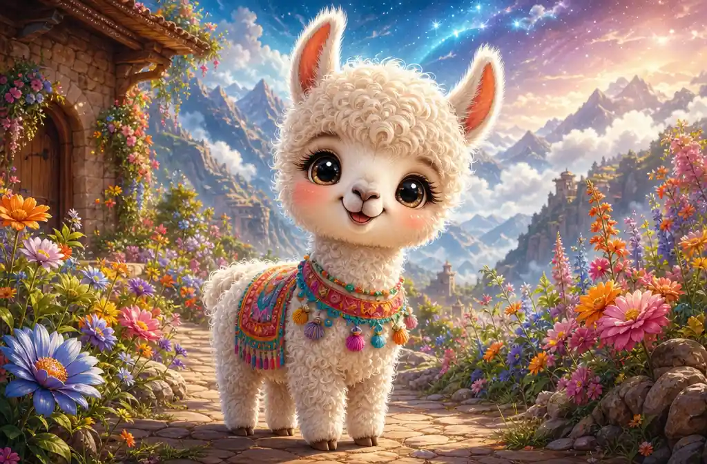 Cute baby llama cartoon beside bright colorful flowers