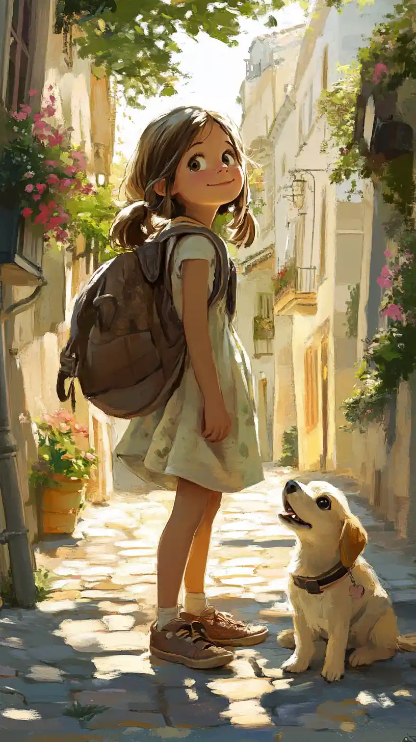 Barefoot girl with dog walking through a rainy street