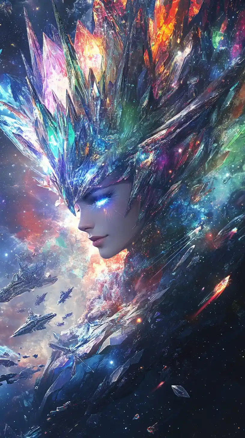 Celestial warrior goddess commanding crystalline starships in space