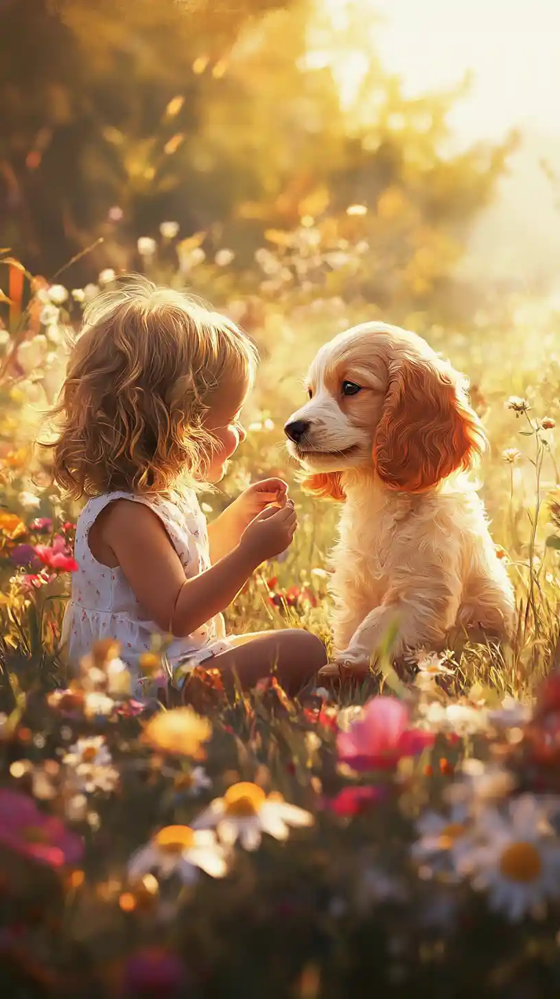 Small child and spaniel sitting in a sunny flower meadow