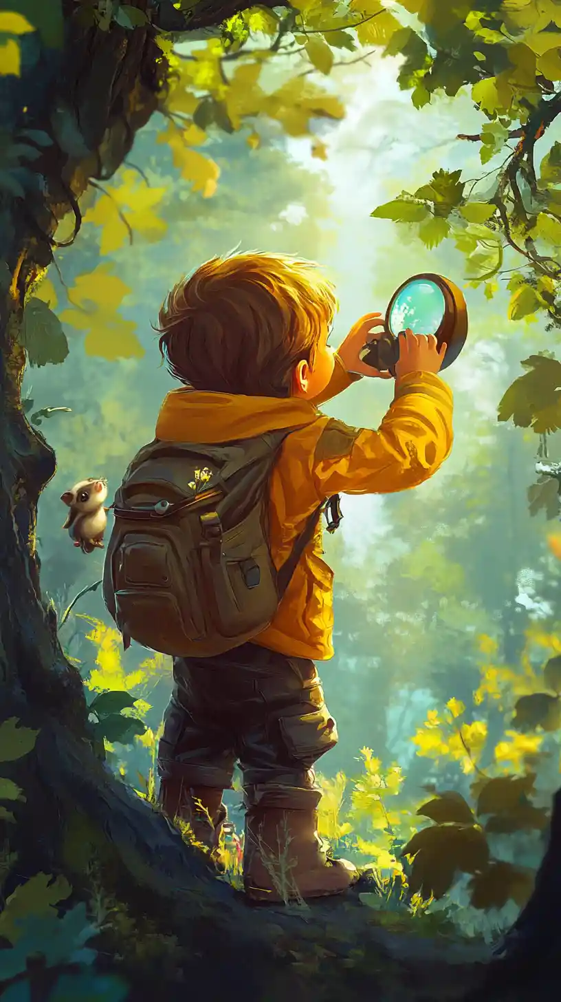 Young explorer watching a monkey in the jungle canopy