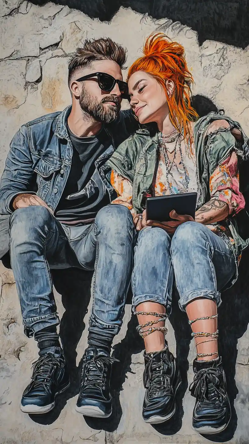 Tender couple on stone steps in colored pencil drawing